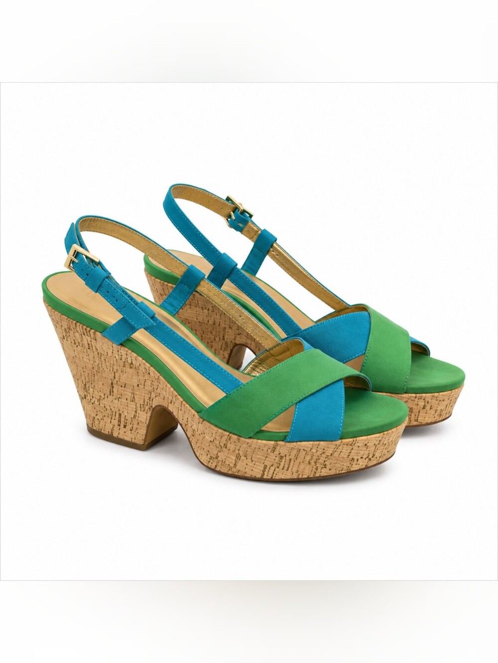 Kate Spade Penny Green Blue Cork Platform Wedge Sandals Size 9